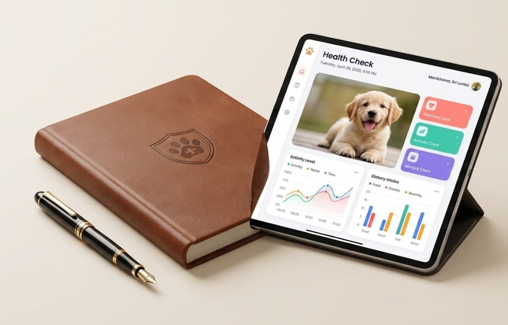 Pet wellness report dashboard with notebook and pen